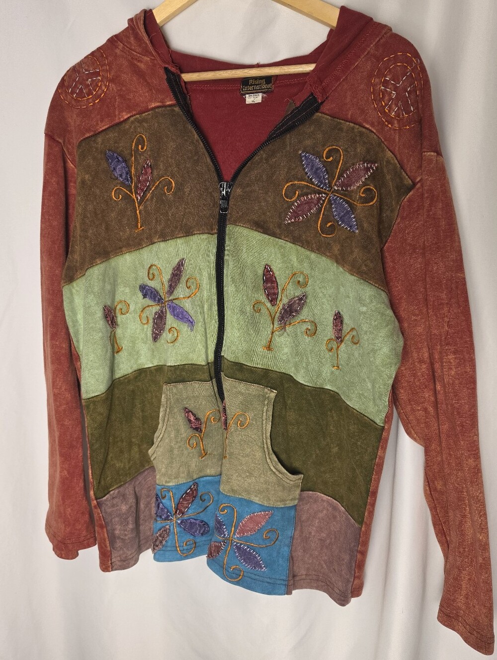 Rising International Patchwork Hoodie XL Boho Hippie Embroidered Full Zip Nepal